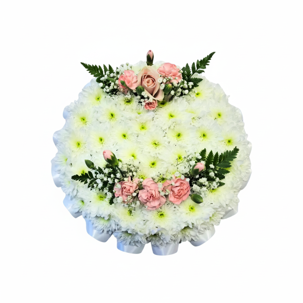 Floral arrangement with white flowers and pink roses on a white background