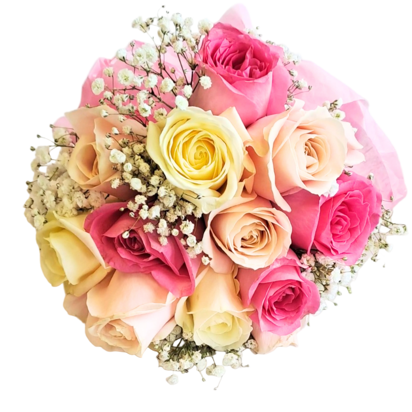 Bouquet of pink, yellow, and peach roses with baby's breath on a light background