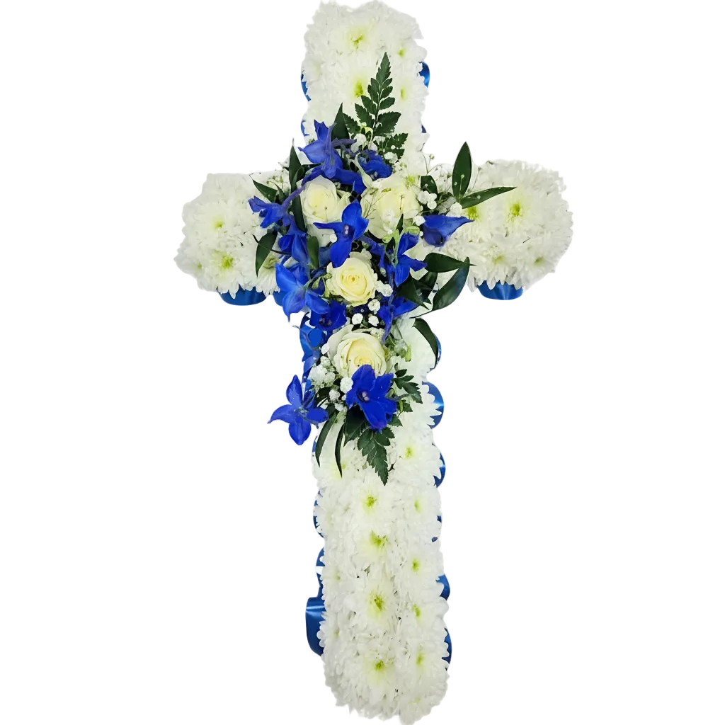 Floral arrangement shaped like a cross with white and blue flowers on a white background