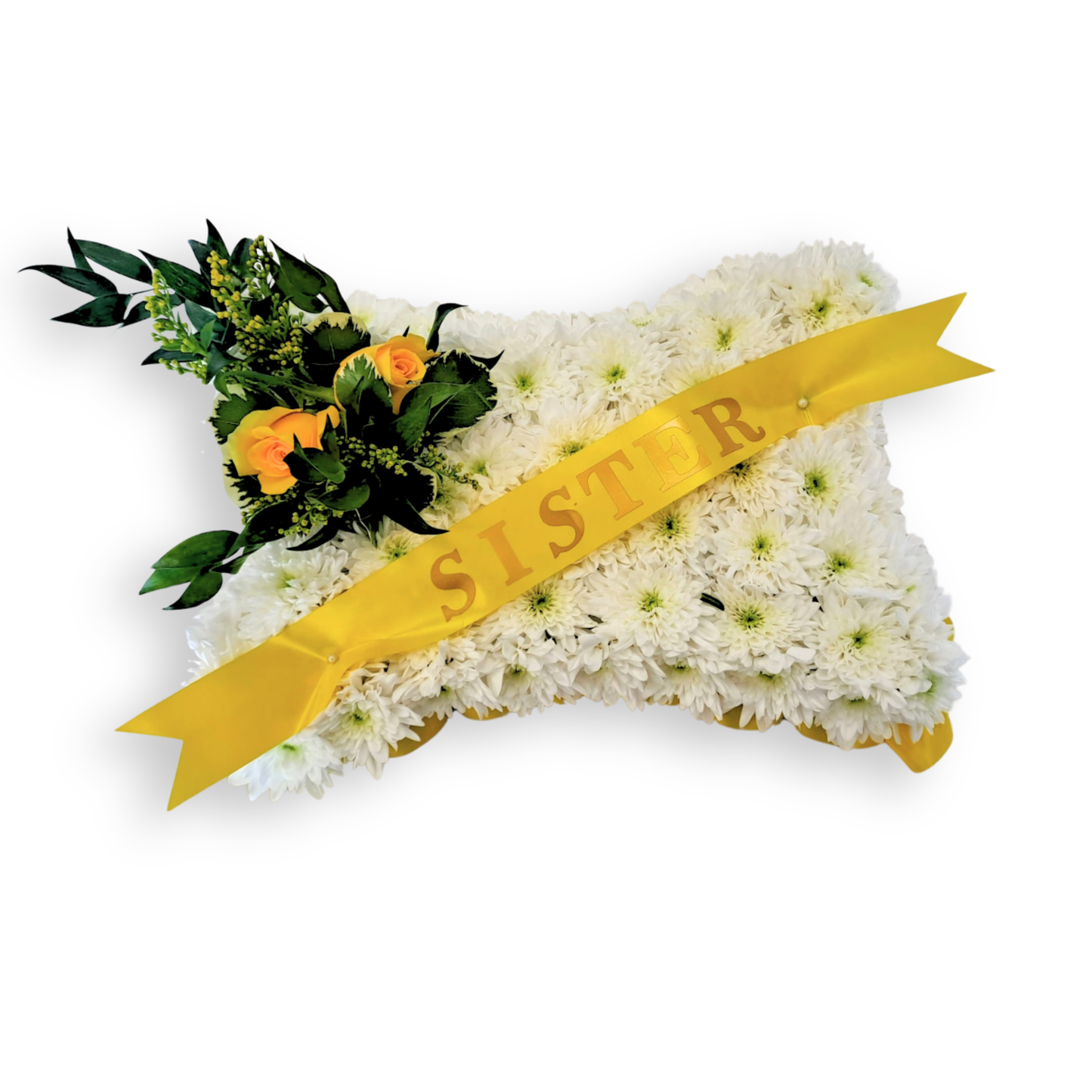 White Chrysanthemum Cushion Tribute with Personalised Ribbon