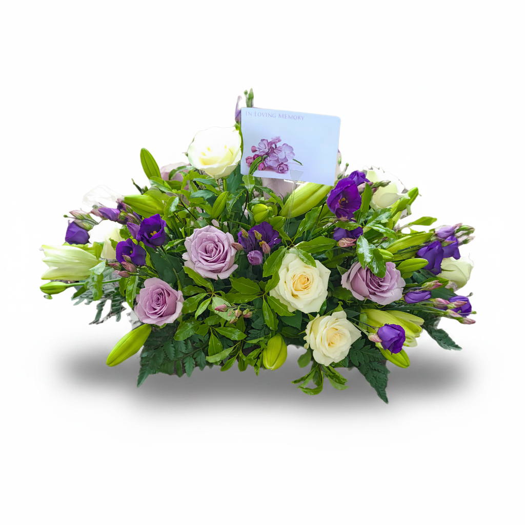 Serene Purple & White Single Ended Casket Spray