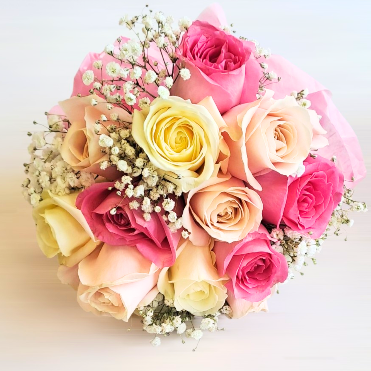 Elegant Blush & Pastel Wedding Bouquet – Premium Handtied Roses With Gypsophila
