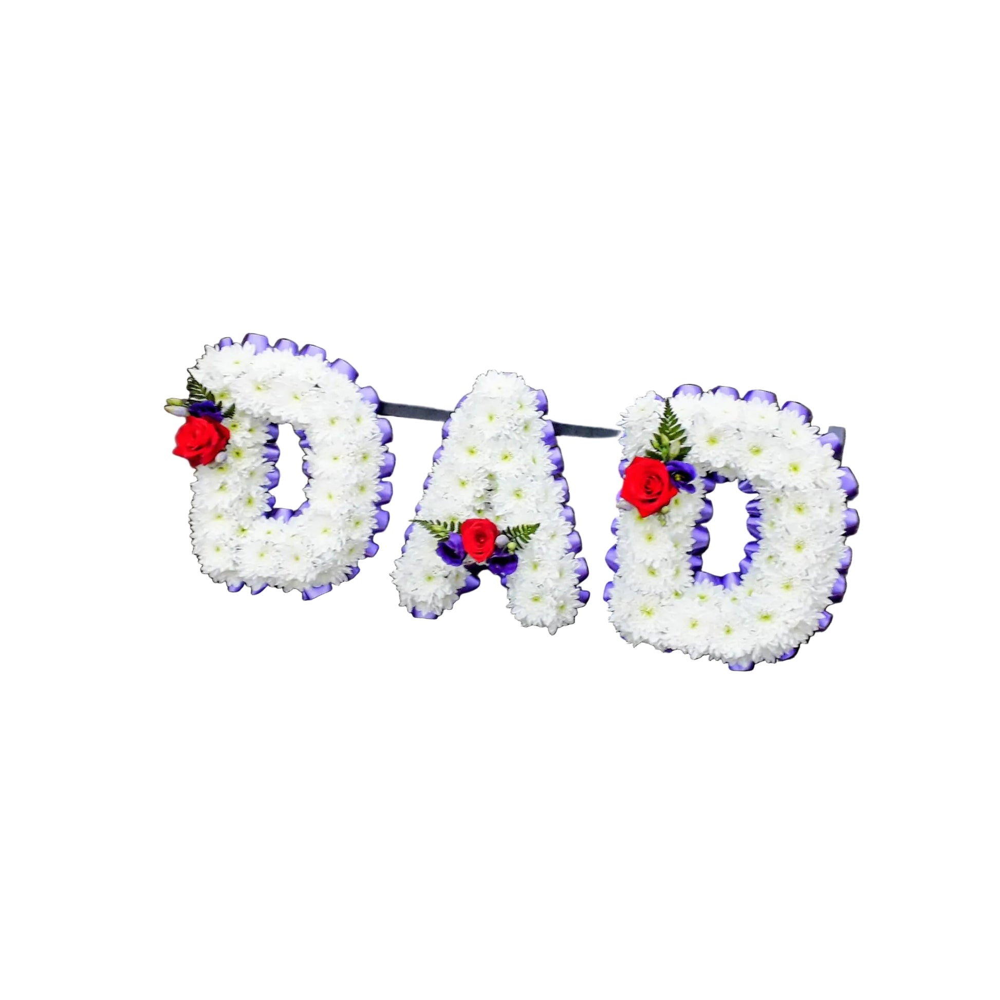 Floral arrangement spelling 'DAD' on a white background