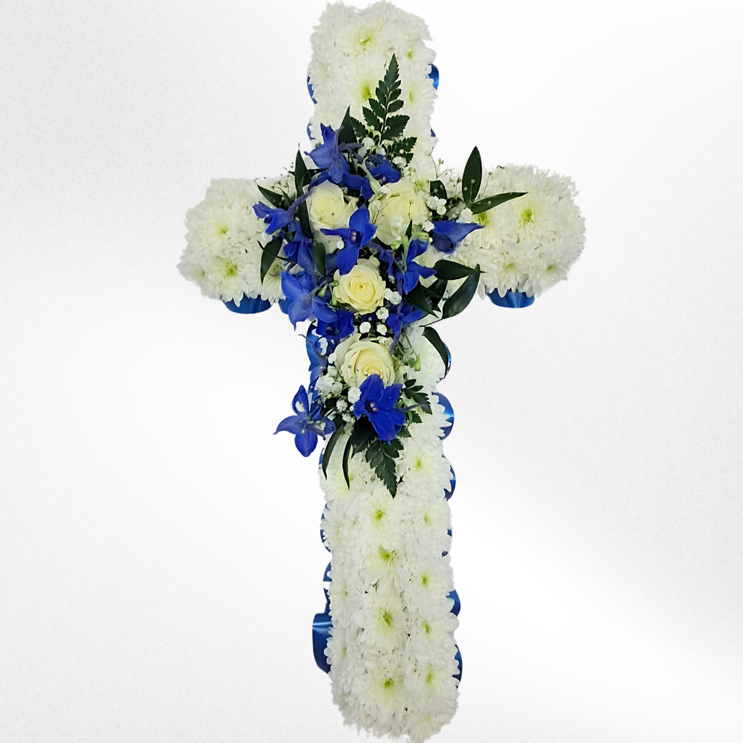 Elegant White and Blue Floral Cross Tribute